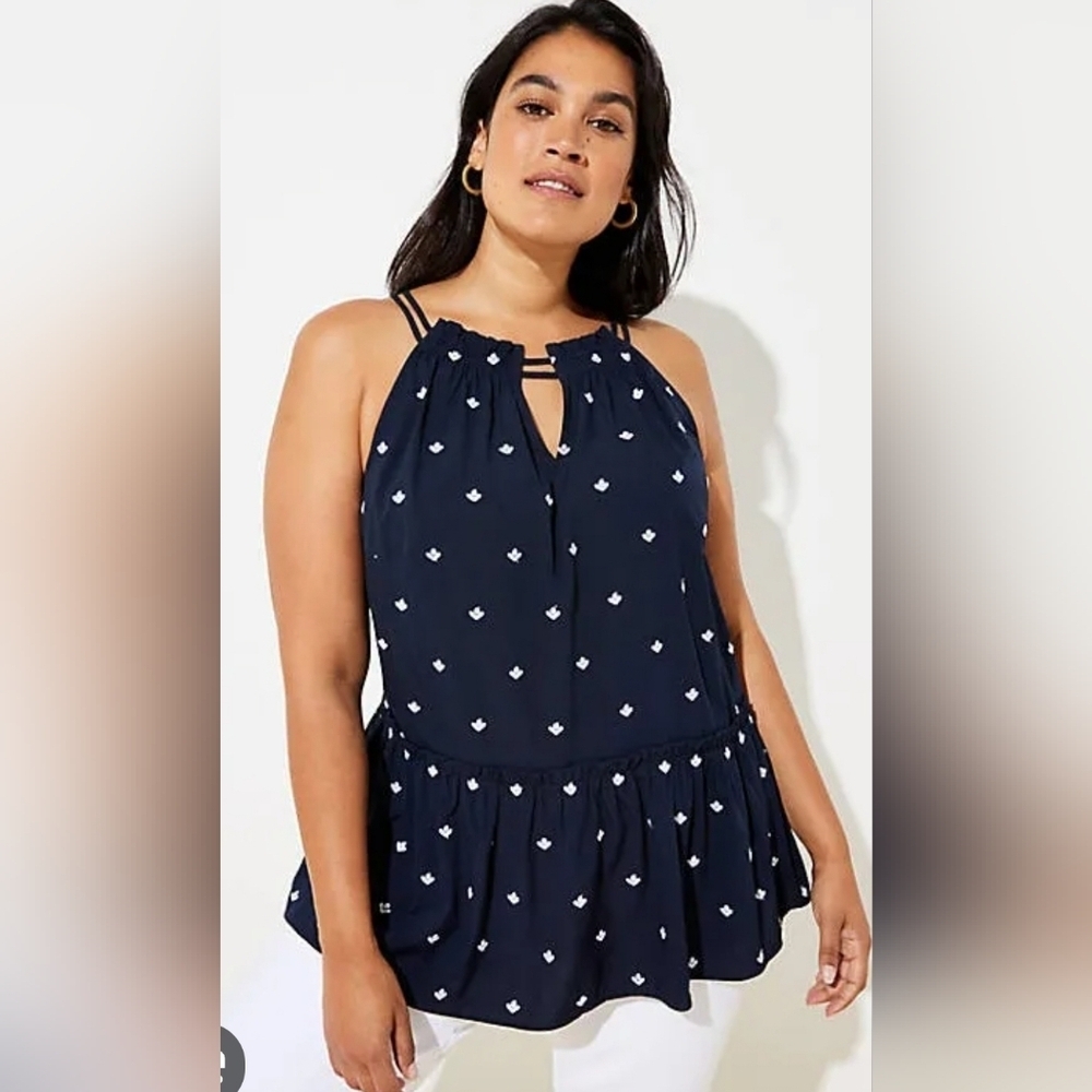 Loft Women’s Baby Doll Peplum Top Navy Blue Top With Embroidered Flowers Small